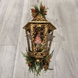 Festive Gold Lantern with Elf and Floral Accents